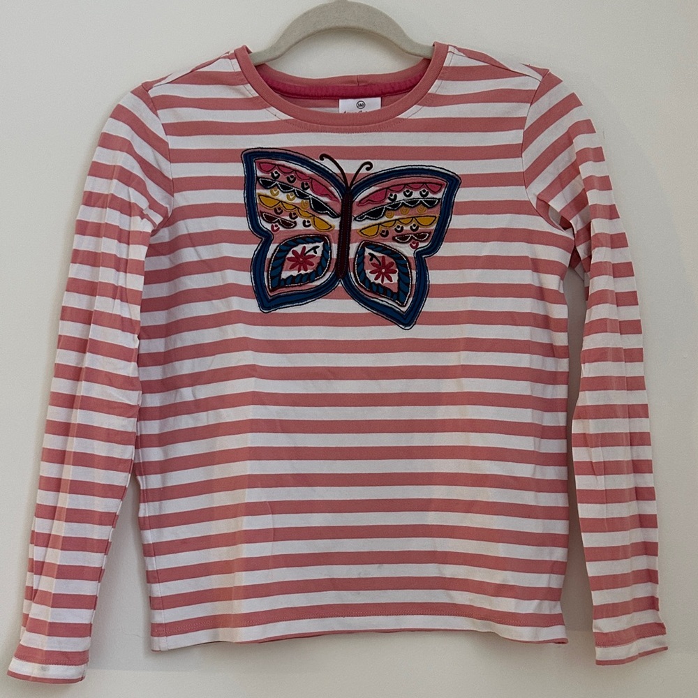 Hanna Andersson Pink and White Striped Long Sleeve Tee with Butterfly